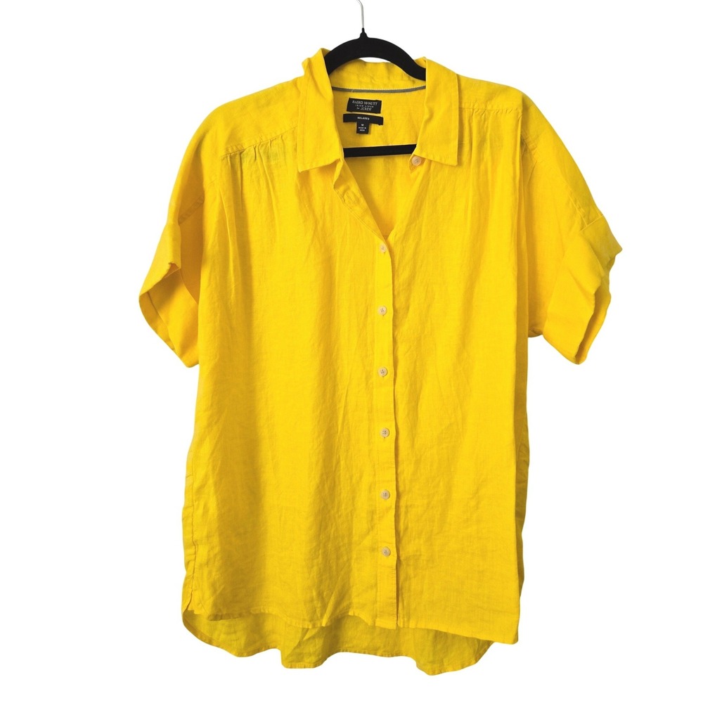 J.Crew Women M Shirt Yellow Baird McNutt Irish Linen Relaxed Short Sleeve Button